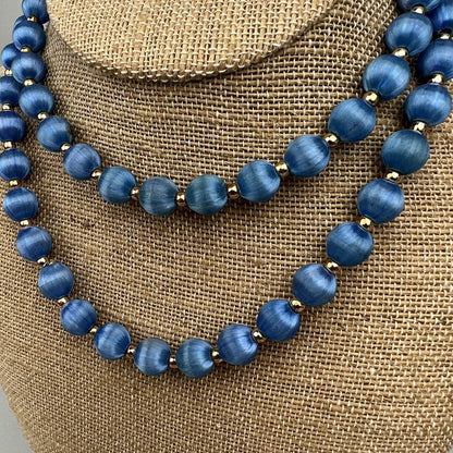 Vintage Blue Thread Wrapped Bead Necklace Gold Tone Accent Beads 31"