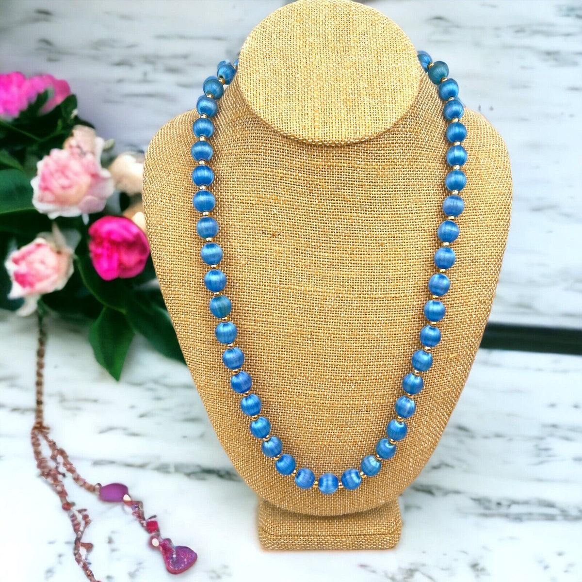 Vintage Blue Thread Wrapped Bead Necklace Gold Tone Accent Beads 31"