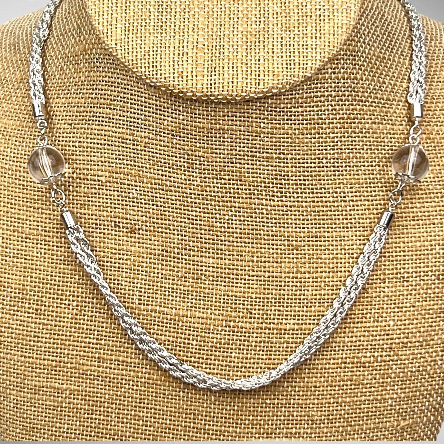 Vintage Costume Jewelry Necklace on Silver Tone Chain with Clear Balls 29"