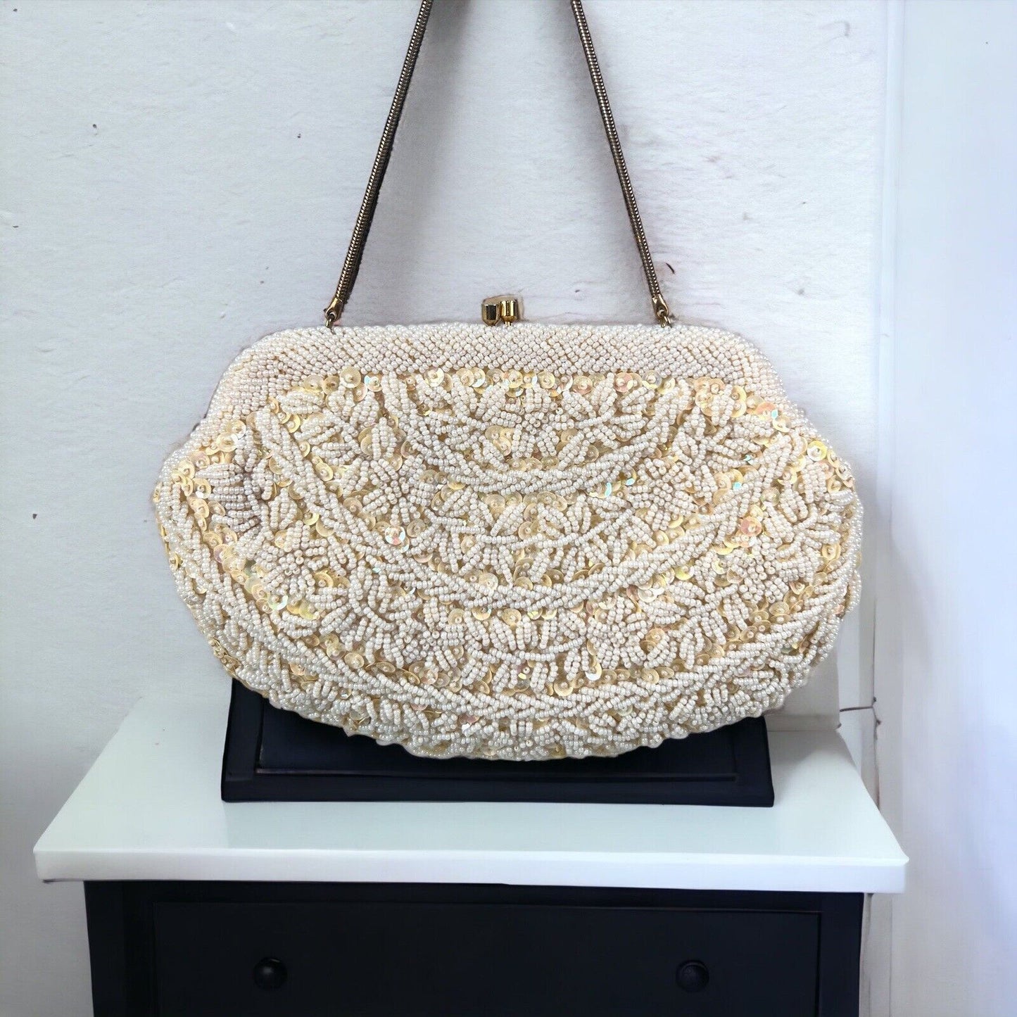 Cream Sequin Beaded Purse Evening Bag Clutch Vintage