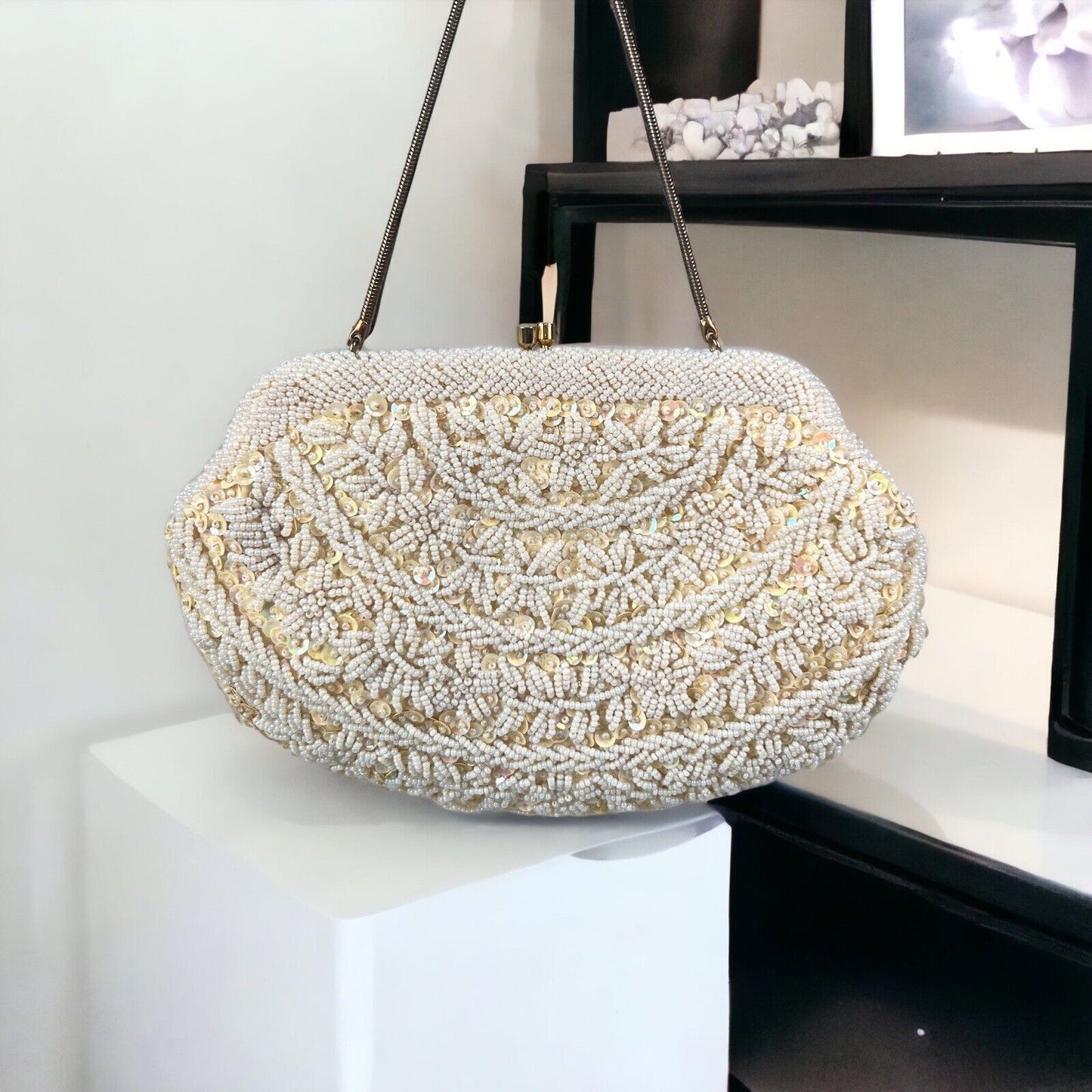 Cream Sequin Beaded Purse Evening Bag Clutch Vintage