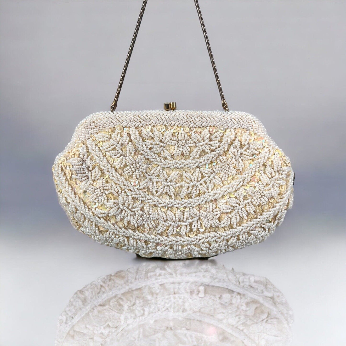 Cream Sequin Beaded Purse Evening Bag Clutch Vintage