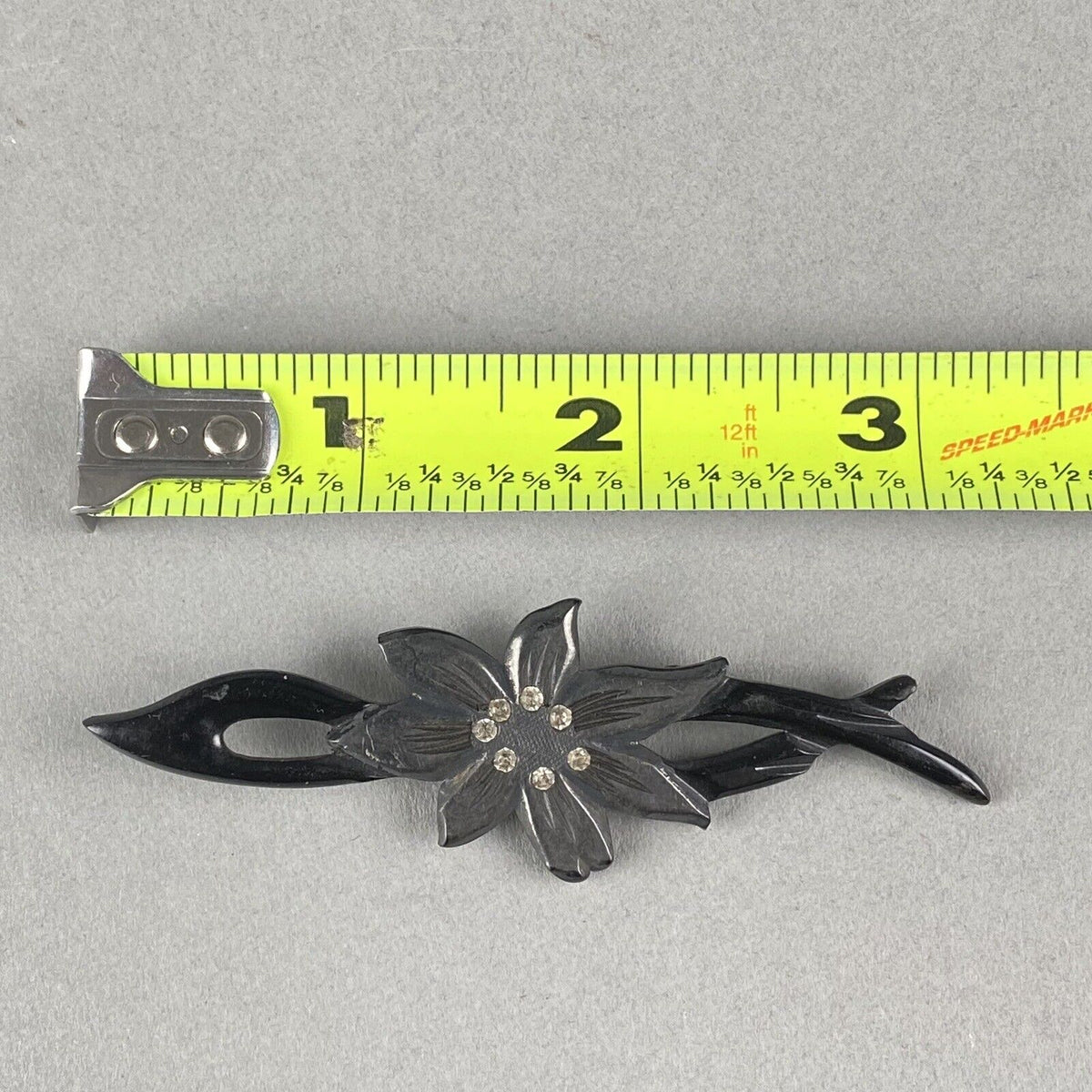 Antique Floral Brooch Black Old Plastic 3" Long