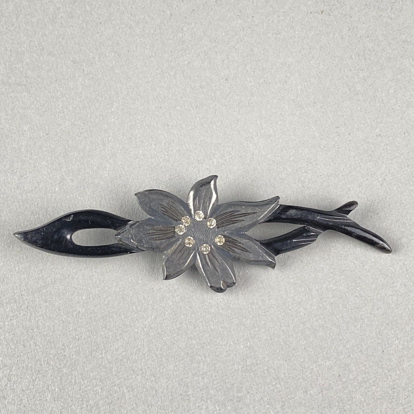 Antique Floral Brooch Black Old Plastic 3" Long