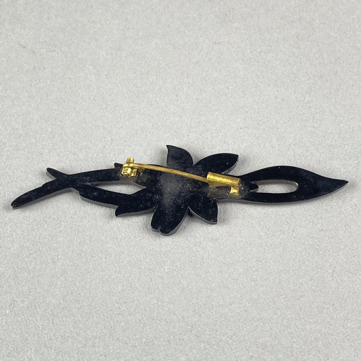 Antique Floral Brooch Black Old Plastic 3" Long